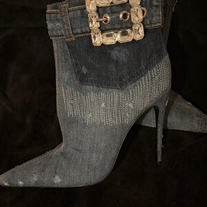 Dolce & Gabbana Blue Heeled Boots with Decorative Buckle
